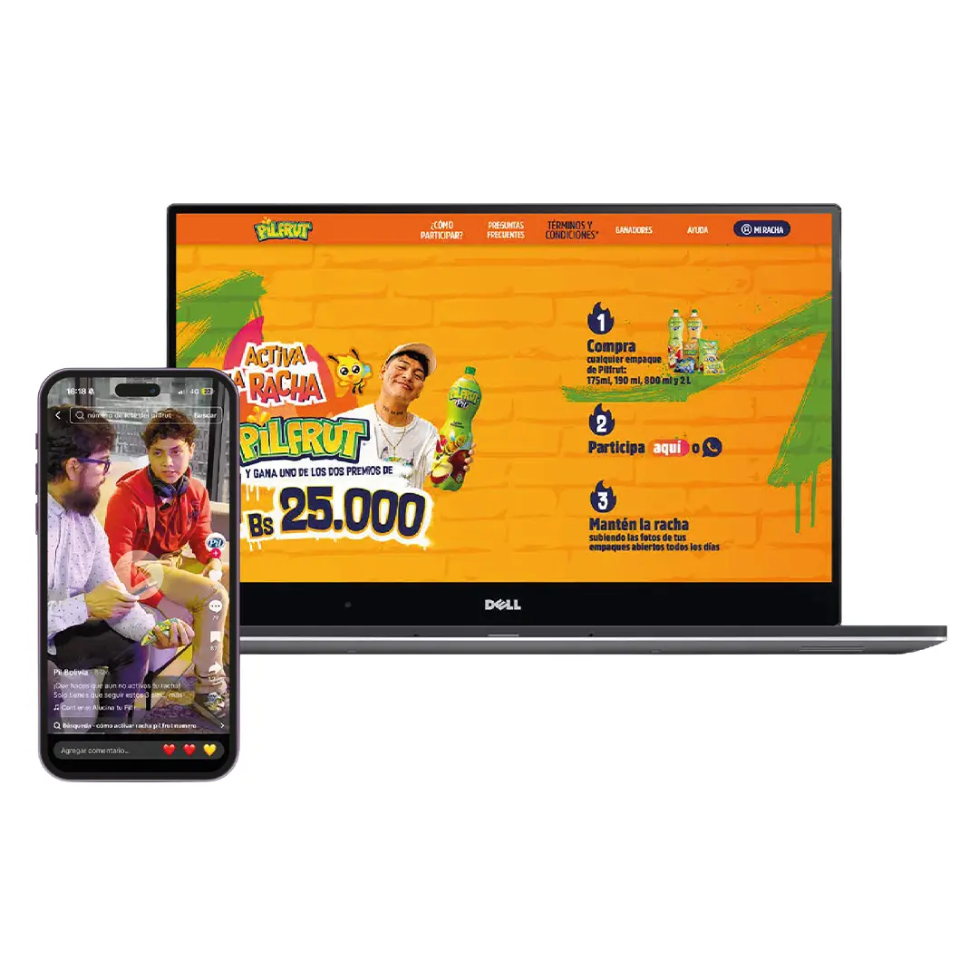 Landing page y contenido en redes sociales de la campaña Activa la Racha Pilfrut mostrando la experiencia digital gamificada
