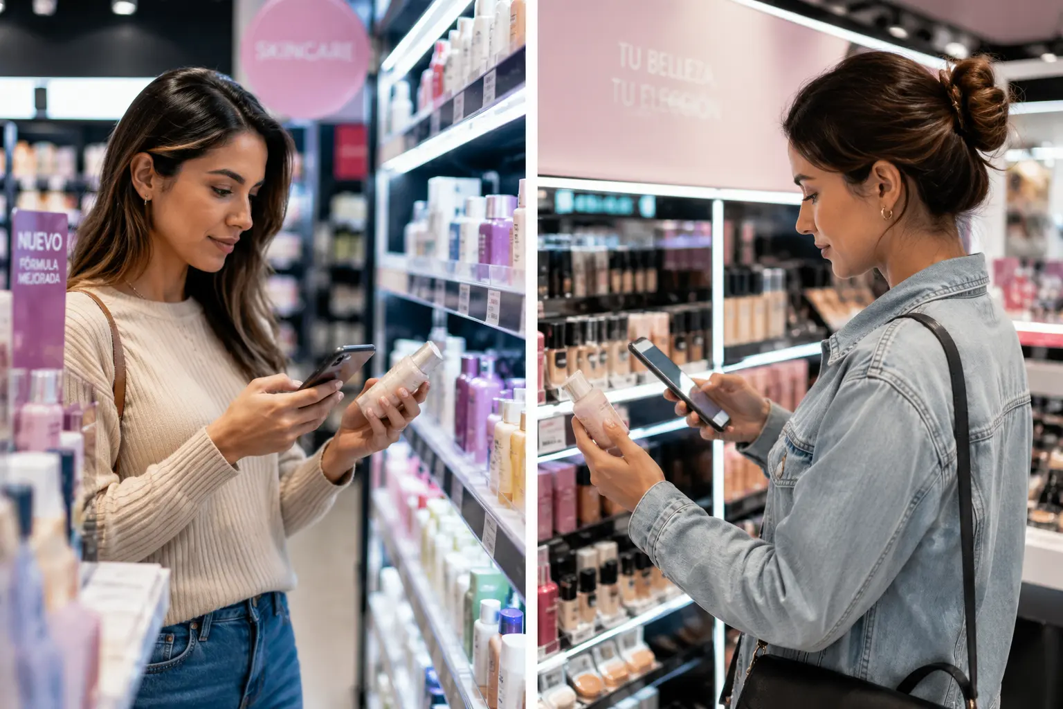 Shoppers revisando productos de belleza con sus celulares en el punto de venta