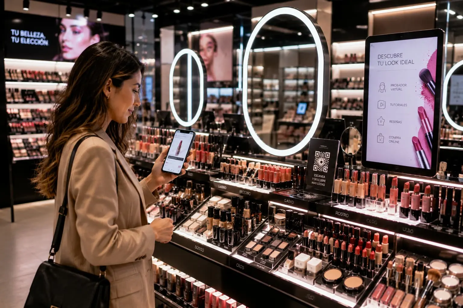 Shopper utilizando tecnología digital durante su experiencia de compra de productos de belleza