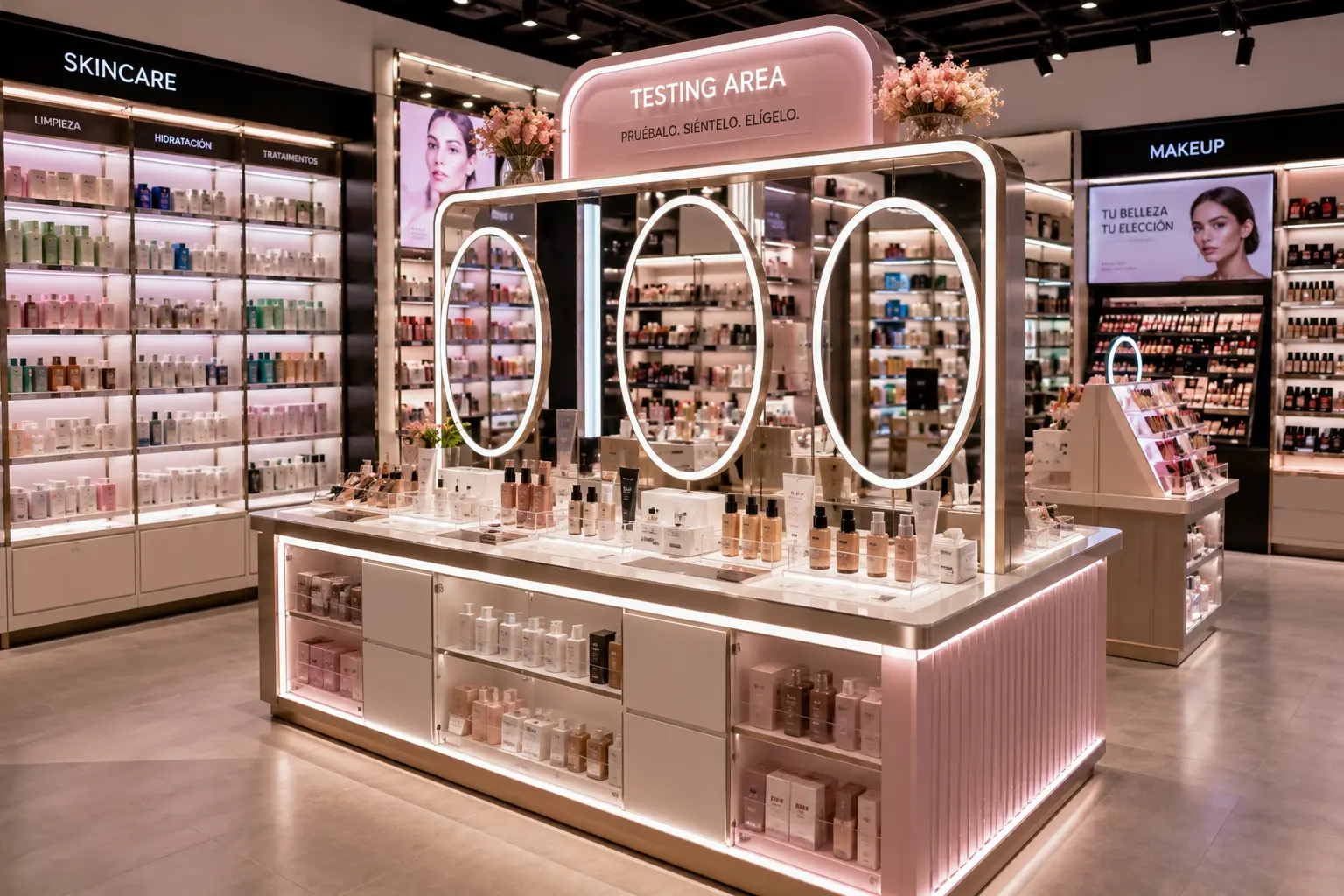 Área de testers de productos de belleza dentro de una tienda especializada